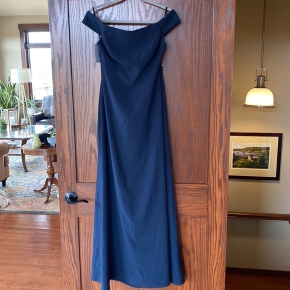 Dressy Collection navy off the shoulder cross back gown size 6. NWT - Picture 5 of 10